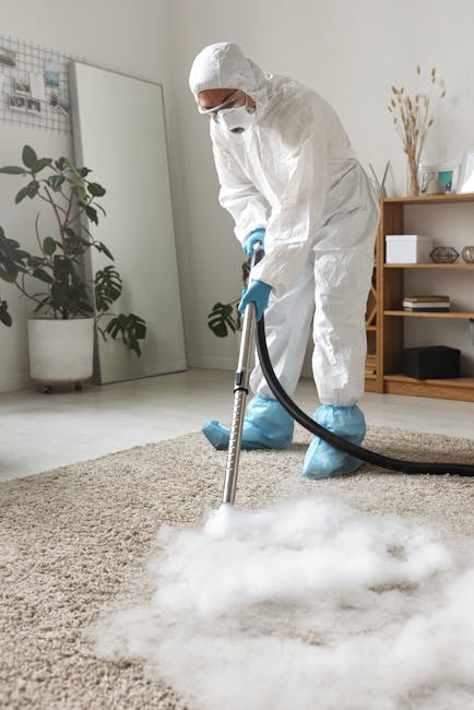 A woman operating a yellow vacuum cleaner with a black hose and floor attachment, cleaning a patterned area rug on a wooden floor in a living room. She is dressed in casual clothing, including a beige jacket, dark jeans, and white sneakers. The room features a dark wooden sideboard, a white decorative sculpture, and natural lighting. The scene illustrates domestic surface cleaning as part of professional services by Cleaners W9, showcasing deep cleaning of carpets and rugs to ensure cleanliness and hygiene in residential spaces.